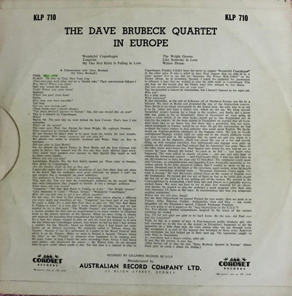 The Dave Brubeck Quartet : The Dave Brubeck Quartet In Europe (LP, Album, Mono)