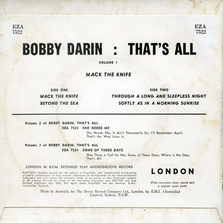 Bobby Darin : That's All - Volume 1 (7", EP)
