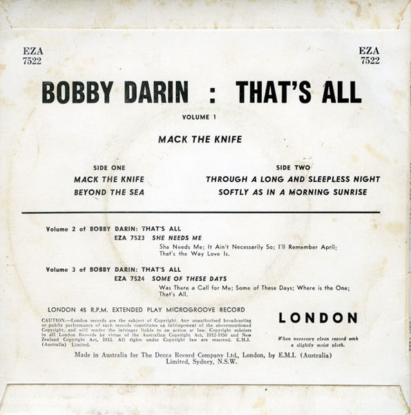Bobby Darin : That's All - Volume 1 (7", EP)