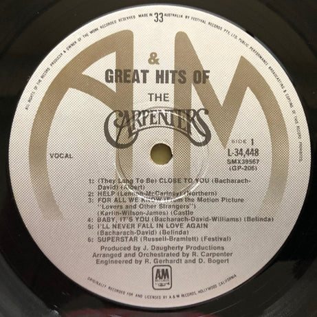 Carpenters : Great Hits Of The Carpenters (LP, Comp, RE)