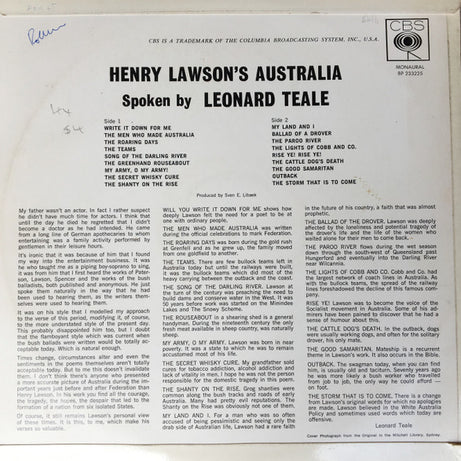 Henry Lawson, Leonard Teale : Henry Lawson's Australia Spoken By Leonard Teale (LP, Mono)