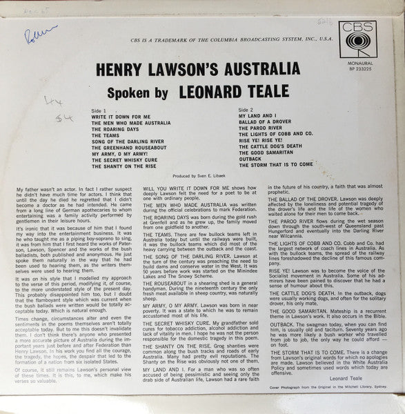 Henry Lawson, Leonard Teale : Henry Lawson's Australia Spoken By Leonard Teale (LP, Mono)
