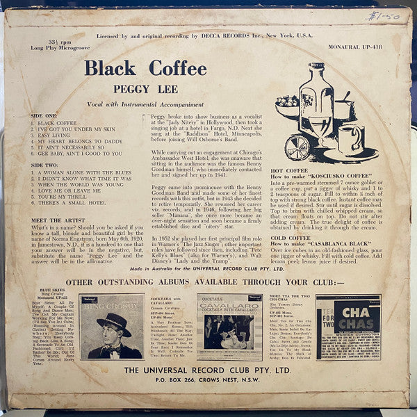 Peggy Lee : Black Coffee  (LP, Album, Mono)