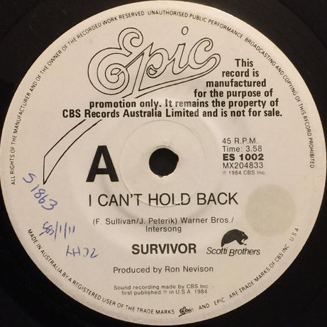 Survivor : I Can't Hold Back / I See You In Everyone (7", Single, Promo)