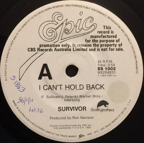 Survivor : I Can't Hold Back / I See You In Everyone (7", Single, Promo)