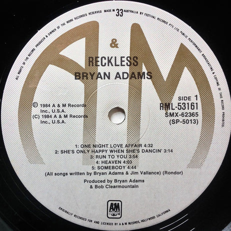 Bryan Adams : Reckless (LP, Album)
