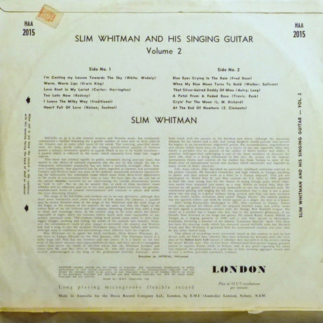 Slim Whitman : Slim Whitman And His Singing Guitar Volume 2 (LP, Comp, Mono)
