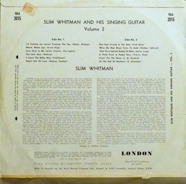 Slim Whitman : Slim Whitman And His Singing Guitar Volume 2 (LP, Comp, Mono)