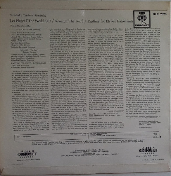 Igor Stravinsky : Stravinsky Conducts Stravinsky (Les Noces / Renard / Ragtime For Eleven Instruments) (LP)