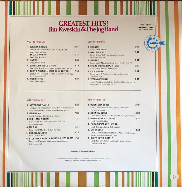 Jim Kweskin & The Jug Band : Greatest Hits! (2xLP, Comp)