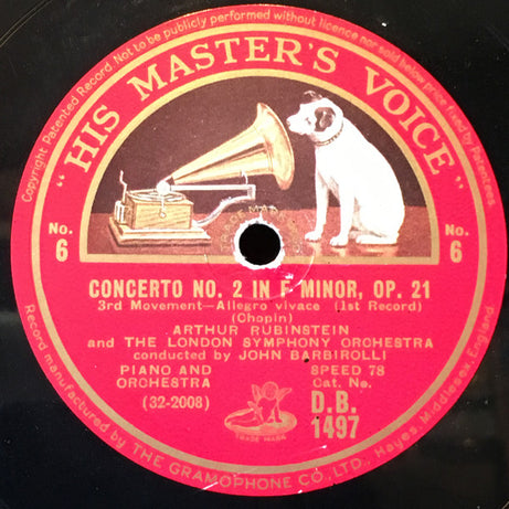Frédéric Chopin - Arthur Rubinstein And London Symphony Orchestra Conducted By Sir John Barbirolli : Concerto No. 2 In F Minor, Op. 21 (4xShellac, 12", Album, RP)