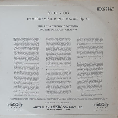 Sibelius*, Eugene Ormandy, The Philadelphia Orchestra : Symphony No. 2 In D Major, Op. 43 (LP, Album)