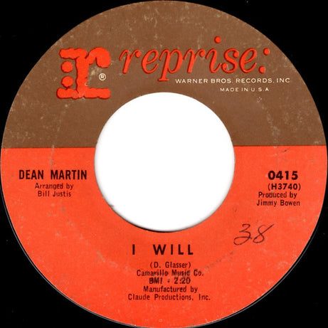 Dean Martin : I Will (7", Single, Styrene, San)