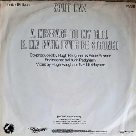Split Enz : Message To My Girl (7", Single)