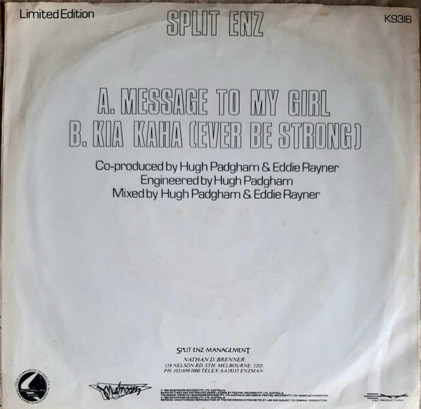 Split Enz : Message To My Girl (7", Single)