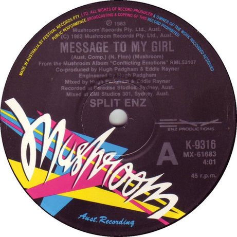 Split Enz : Message To My Girl (7", Single)