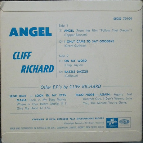 Cliff Richard : Angel (7", EP, Mono)