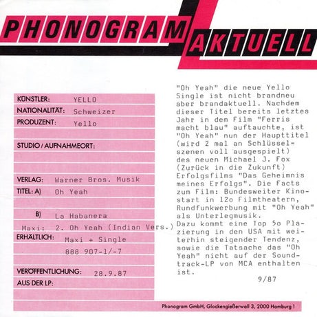 Yello : Oh Yeah (12", Maxi, Wit)