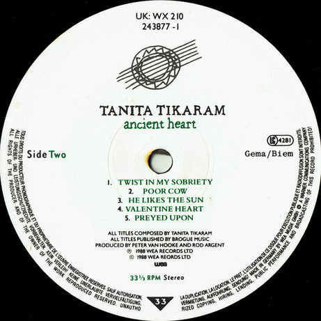 Tanita Tikaram : Ancient Heart (LP, Album, Tel)