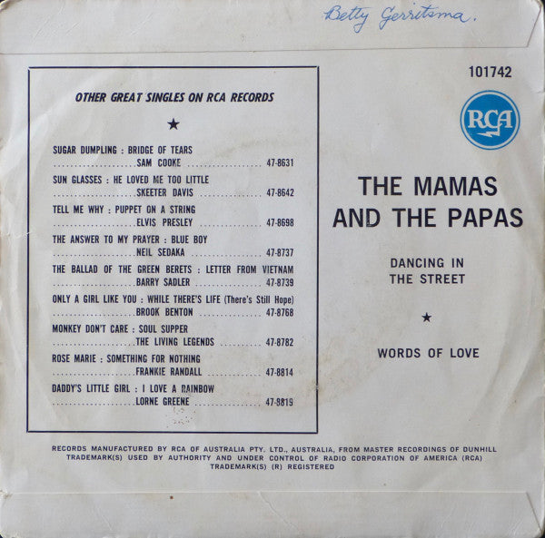 The Mamas & The Papas Featuring Mama Cass* : Dancing In The Street (7", Single, Pus)