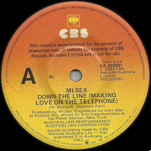 Mi-Sex : Down The Line (Making Love On The Telephone) (7", Single, Promo)