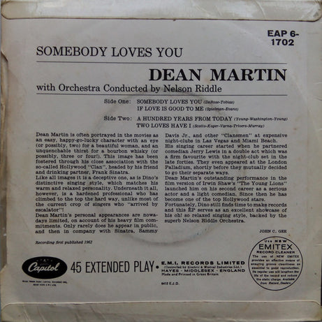 Dean Martin : Somebody Loves You (7", EP, Mono)