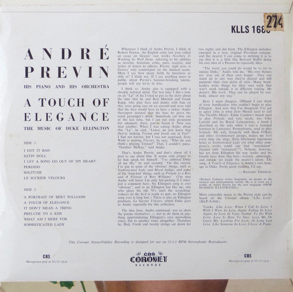 André Previn : A Touch Of Elegance: The Music Of Duke Ellington (LP, Album)