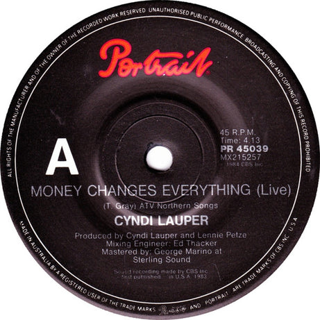 Cyndi Lauper : Money Changes Everything (Live) (7", Single)