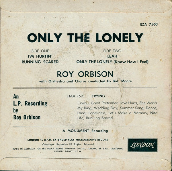 Roy Orbison : Only The Lonely (7", EP)