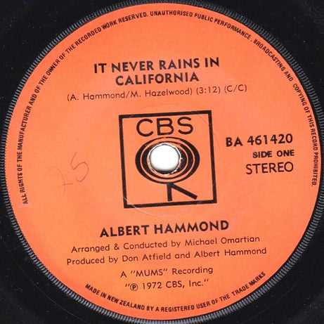 Albert Hammond : It Never Rains In Southern California (7", Single)