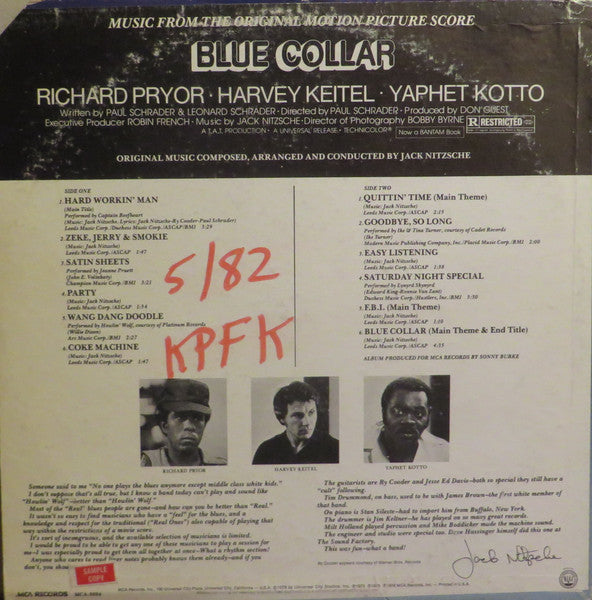 Various / Jack Nitzsche : Blue Collar (Music From The Original Motion Picture Score) (LP, Album, Pin)