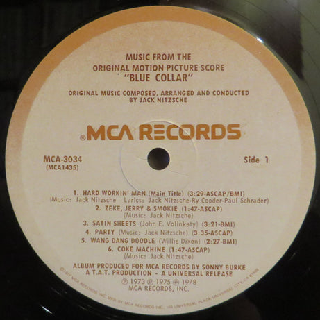 Various / Jack Nitzsche : Blue Collar (Music From The Original Motion Picture Score) (LP, Album, Pin)