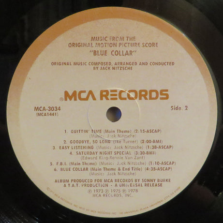 Various / Jack Nitzsche : Blue Collar (Music From The Original Motion Picture Score) (LP, Album, Pin)