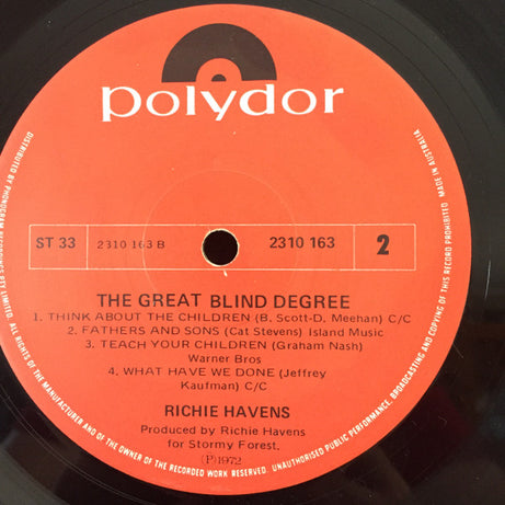 Richie Havens : The Great Blind Degree (LP, Album, Pit)