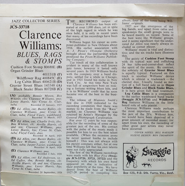 Clarence Williams : Blues, Rags & Stomps (7", EP)