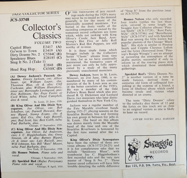 Dewey Jackson's Peacock Orchestra, King Oliver & His Dixie Syncopators, Romeo Nelson, Speckled Red : Collector's Classics Volume Two (7", EP)