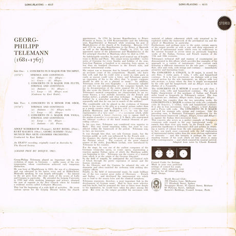 Georg Philipp Telemann, Orchestre Pro Arte De Munich , Conducted By Kurt Redel : Four Concerti For Trumpet, Flute, Oboe, Viola, Strings And Continuo (LP, Album, Club, RE, Gat)