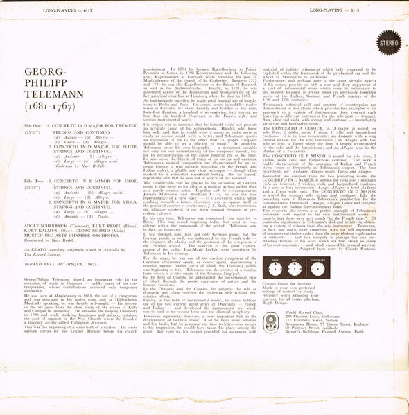 Georg Philipp Telemann, Orchestre Pro Arte De Munich , Conducted By Kurt Redel : Four Concerti For Trumpet, Flute, Oboe, Viola, Strings And Continuo (LP, Album, Club, RE, Gat)