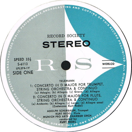 Georg Philipp Telemann, Orchestre Pro Arte De Munich , Conducted By Kurt Redel : Four Concerti For Trumpet, Flute, Oboe, Viola, Strings And Continuo (LP, Album, Club, RE, Gat)