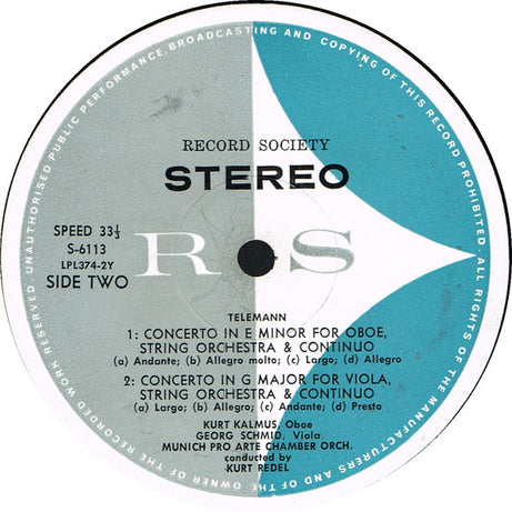Georg Philipp Telemann, Orchestre Pro Arte De Munich , Conducted By Kurt Redel : Four Concerti For Trumpet, Flute, Oboe, Viola, Strings And Continuo (LP, Album, Club, RE, Gat)