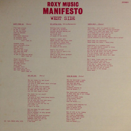 Roxy Music : Manifesto (LP, Album)