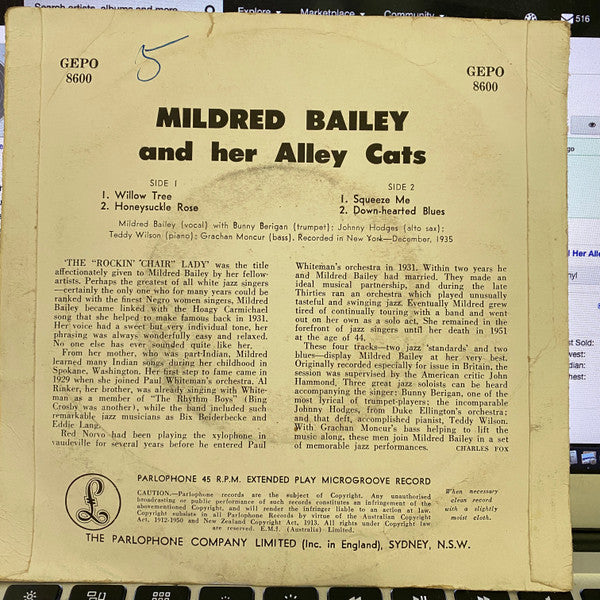 Mildred Bailey And Her Alley Cats : Mildred Bailey And Her Alley Cats (7", EP)