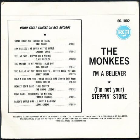 The Monkees : I'm A Believer  (7", Single, Sol)