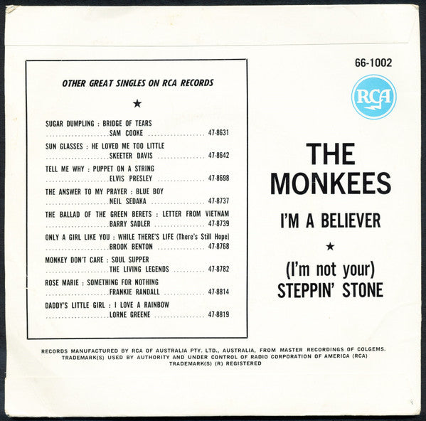The Monkees : I'm A Believer  (7", Single, Sol)