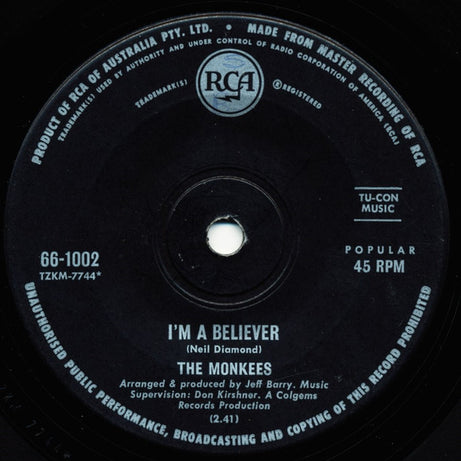 The Monkees : I'm A Believer  (7", Single, Sol)