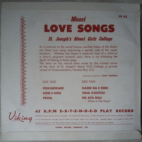 St. Joseph's Maori Girls College Choir : Maori Love Songs (7", EP)