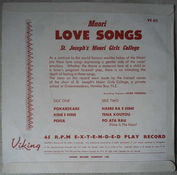 St. Joseph's Maori Girls College Choir : Maori Love Songs (7", EP)