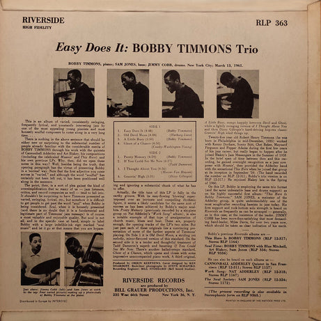 The Bobby Timmons Trio : Easy Does It (LP, Album, Mono)