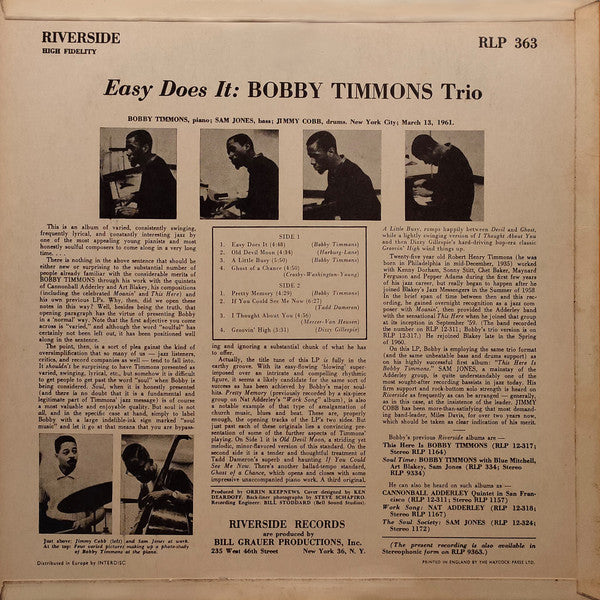 The Bobby Timmons Trio : Easy Does It (LP, Album, Mono)
