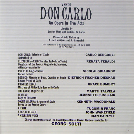 Giuseppe Verdi, Nicolai Ghiaurov • Carlo Bergonzi • Grace Bumbry • Renata Tebaldi • Dietrich Fischer-Dieskau, Orchestra Of The Royal Opera House, Covent Garden And Chorus Of The Royal Opera House, Covent Garden, Georg Solti : Don Carlo (4xLP, Album, EP1 + Box)